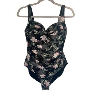 Nip tuck Women's Floral Black Ruched Bodice One Piece Swim Bathing Suit - US 8